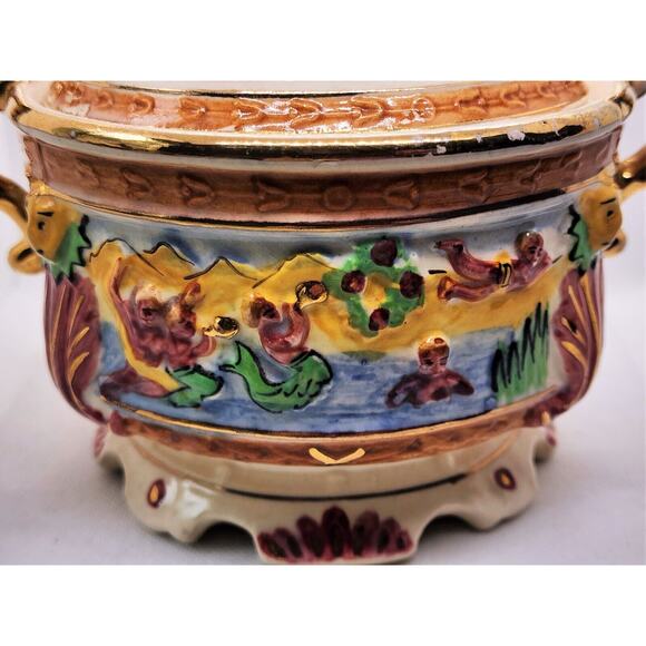 Bowl & Lid-Gold Trim-Japanese Inspired Summer Scenes-3D Embossed-Colorful-Footed - Picture 7 of 16